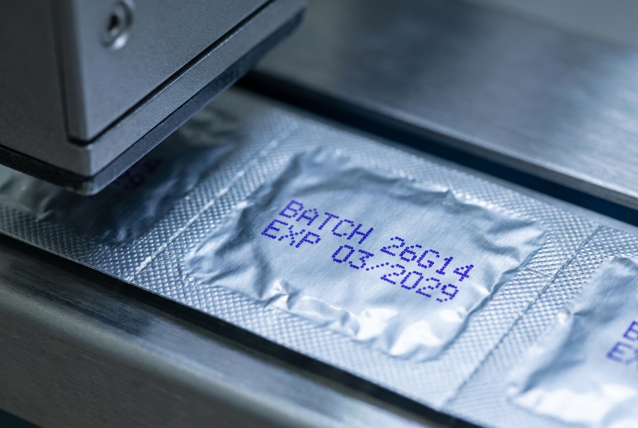 Close-up of printed aluminium blister foil showing batch coding and expiry date on a pharmaceutical packaging line