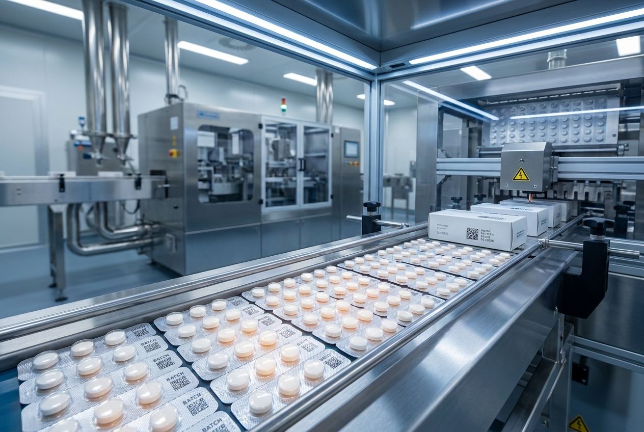 Pharmaceutical blister packaging production line with white tablets sealed in aluminium blister foil on a stainless-steel conveyor
