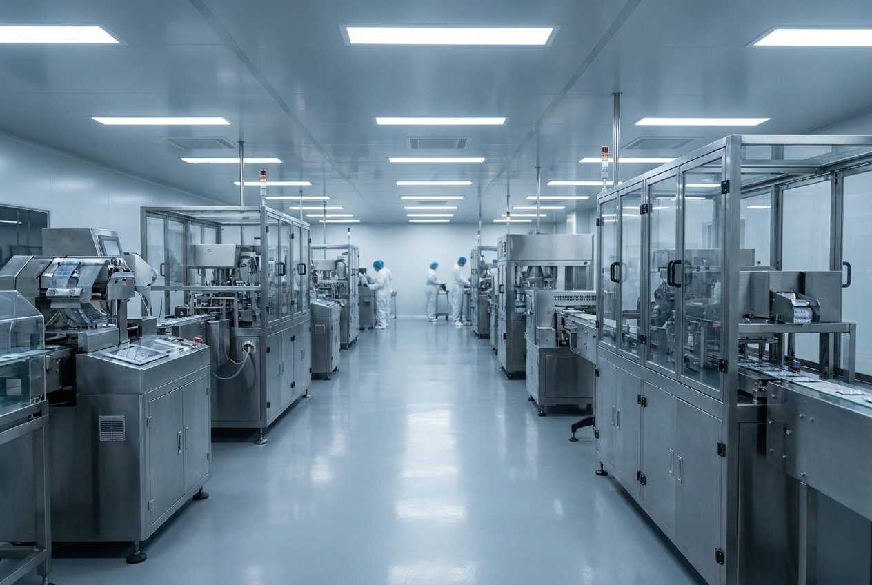 Interior of a modern pharmaceutical manufacturing facility with packaging machinery