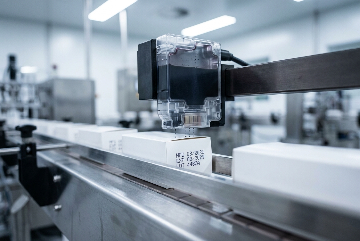 Industrial thermal inkjet coding system printing batch and expiry information on pharmaceutical cartons