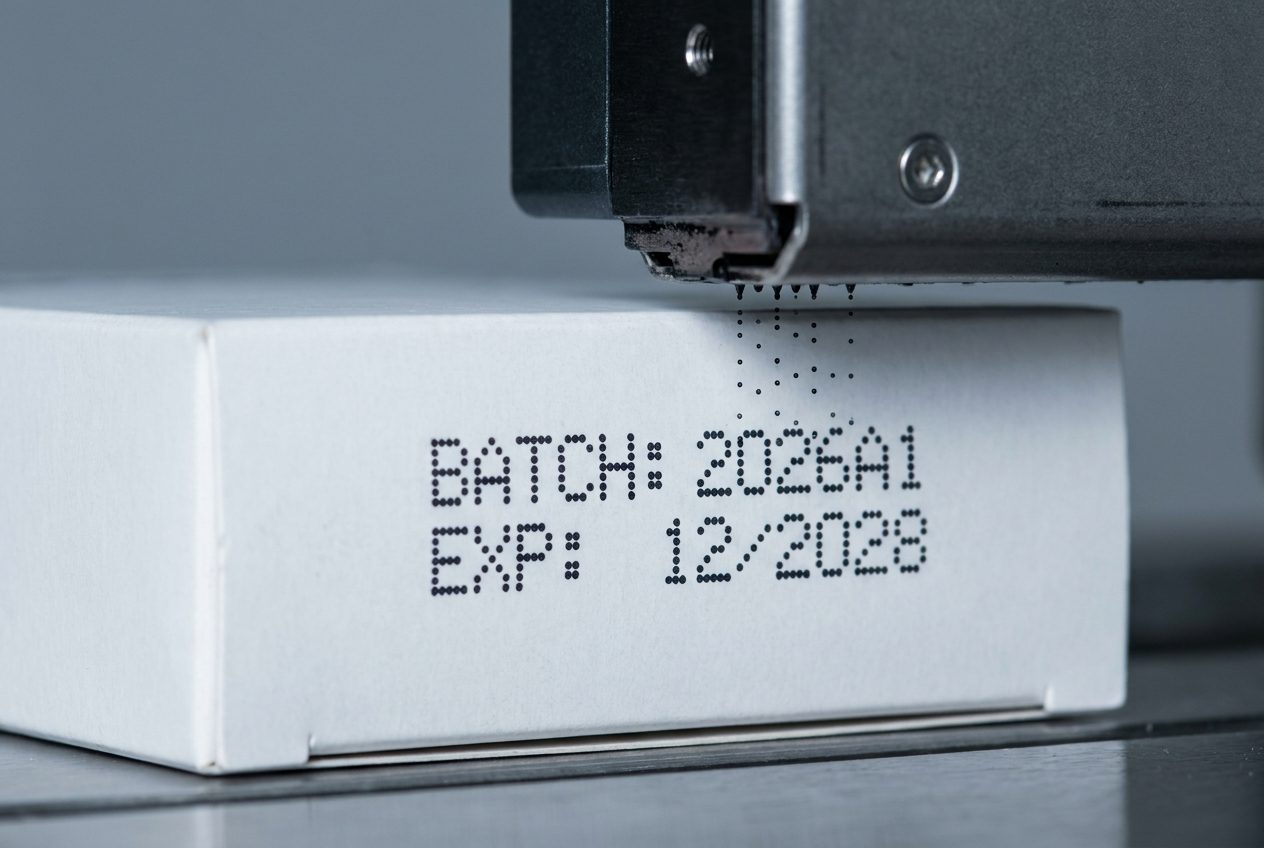 Thermal inkjet printer coding batch and expiry data on a pharmaceutical carton
