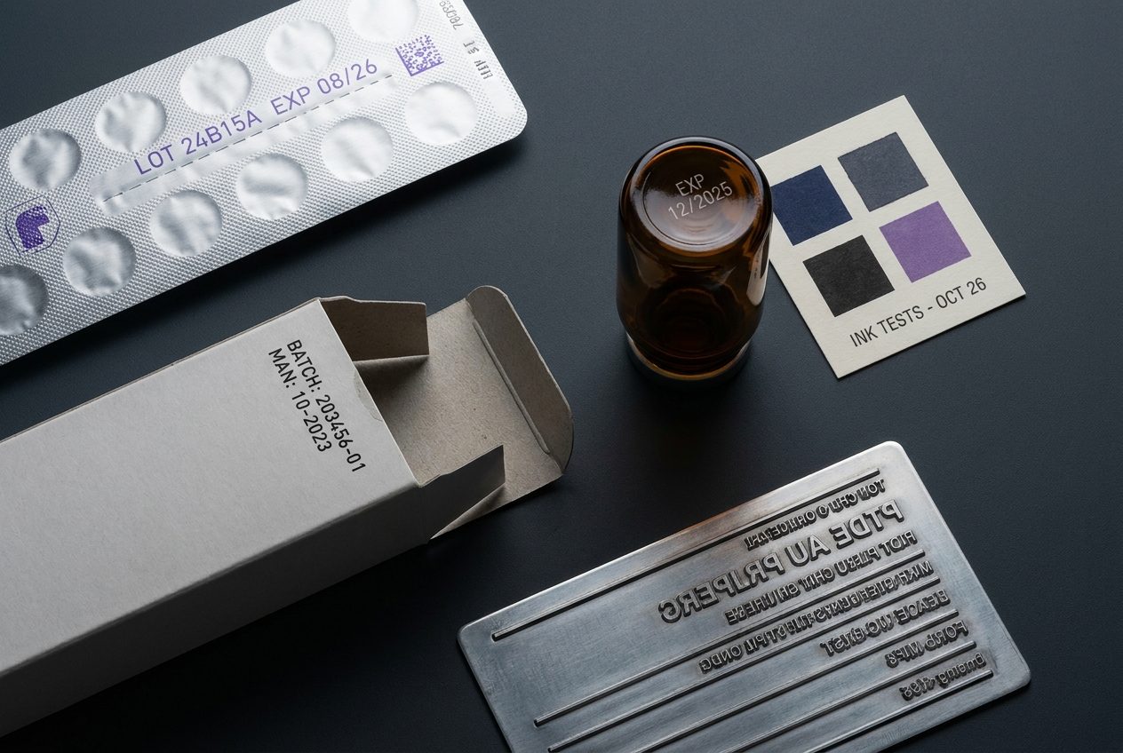 Pharmaceutical printing samples: blister foil, coded carton, vial, ink swatch, metal stereo plate